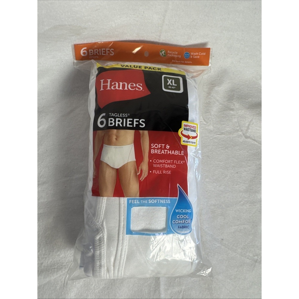 Hanes Mens 6 PACK Underwear Brief Full Rise Cotton Briefs White Size XL/40-42"